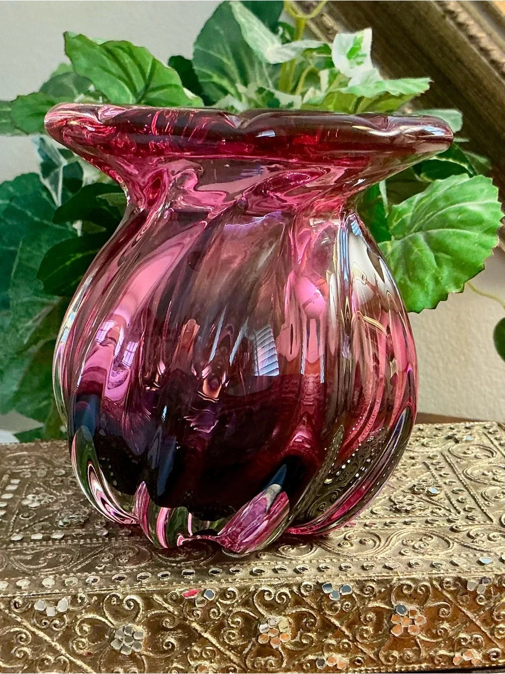 Vintage Cranberry Swirl Art Glass Vase